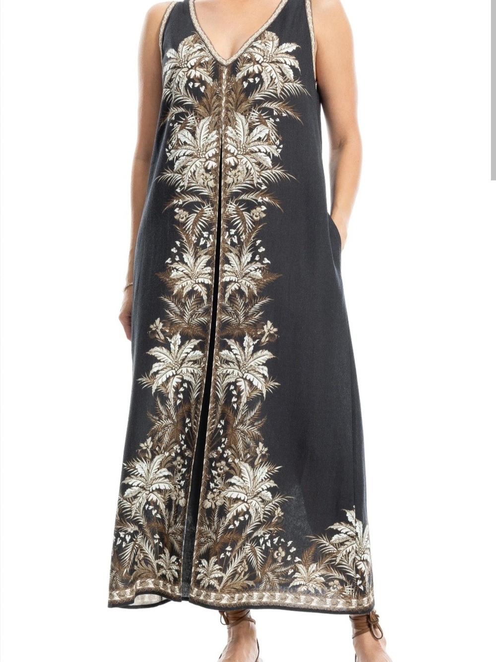 Max Studio Black Maxi Dress with Gold & Cream Printed Palm Motif Size XS